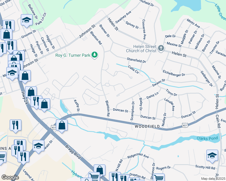 map of restaurants, bars, coffee shops, grocery stores, and more near 1895 Tryon Drive in Fayetteville