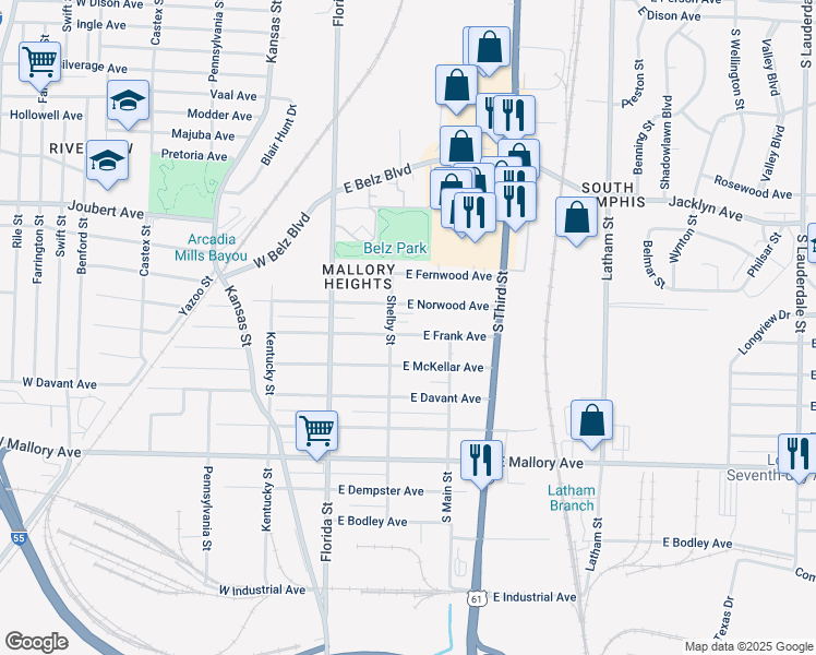map of restaurants, bars, coffee shops, grocery stores, and more near 89 Mallory Heights Drive in Memphis