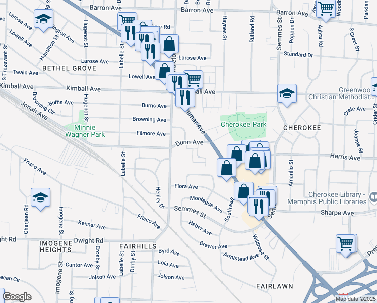 map of restaurants, bars, coffee shops, grocery stores, and more near 2823 Owl Hollow Drive in Memphis