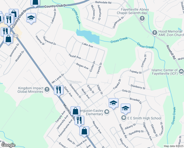 map of restaurants, bars, coffee shops, grocery stores, and more near 825 Eccles Drive in Fayetteville