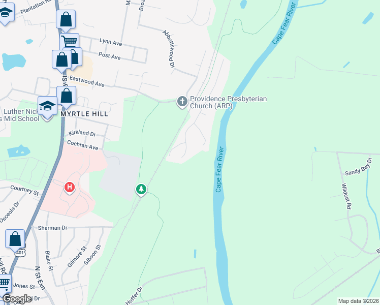 map of restaurants, bars, coffee shops, grocery stores, and more near 2675 Rivercliff Road in Fayetteville