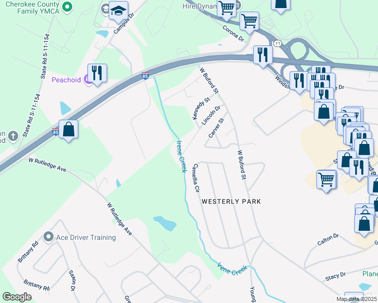 map of restaurants, bars, coffee shops, grocery stores, and more near 53 54 Lincoln Drive in Gaffney