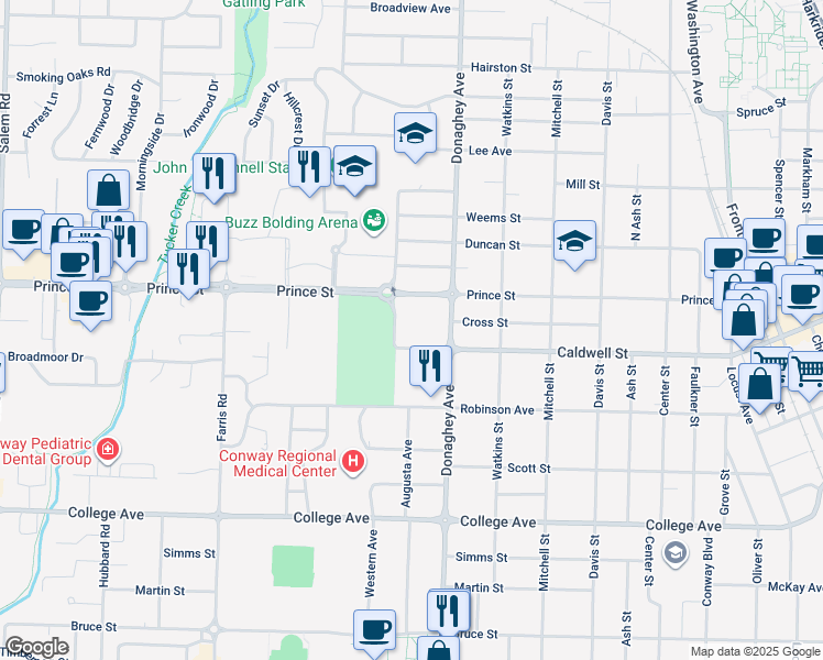 map of restaurants, bars, coffee shops, grocery stores, and more near 2140 Caldwell Street in Conway