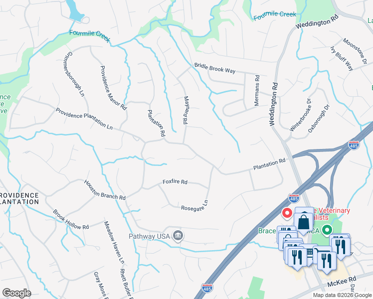 map of restaurants, bars, coffee shops, grocery stores, and more near 3201 Plantation Road in Charlotte