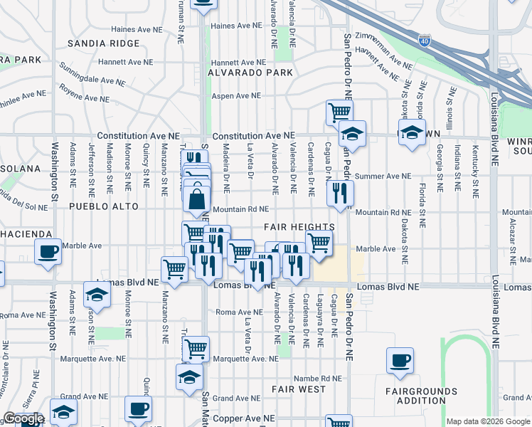 map of restaurants, bars, coffee shops, grocery stores, and more near 5512 Mountain Road Northeast in Albuquerque