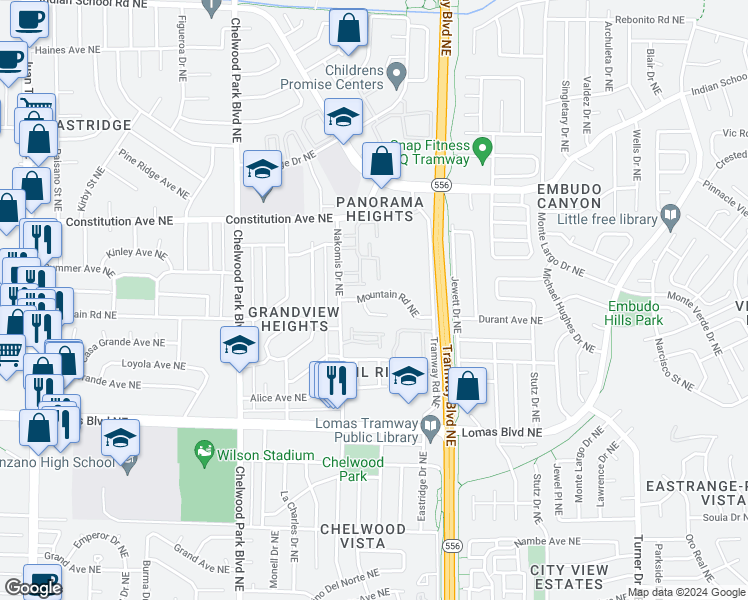 map of restaurants, bars, coffee shops, grocery stores, and more near 13200 Mountain Road Northeast in Albuquerque