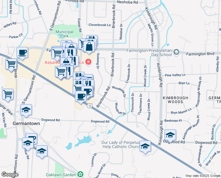 map of restaurants, bars, coffee shops, grocery stores, and more near 2117 Woodside Drive in Germantown