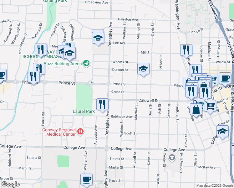 map of restaurants, bars, coffee shops, grocery stores, and more near 2015 Cross Street in Conway