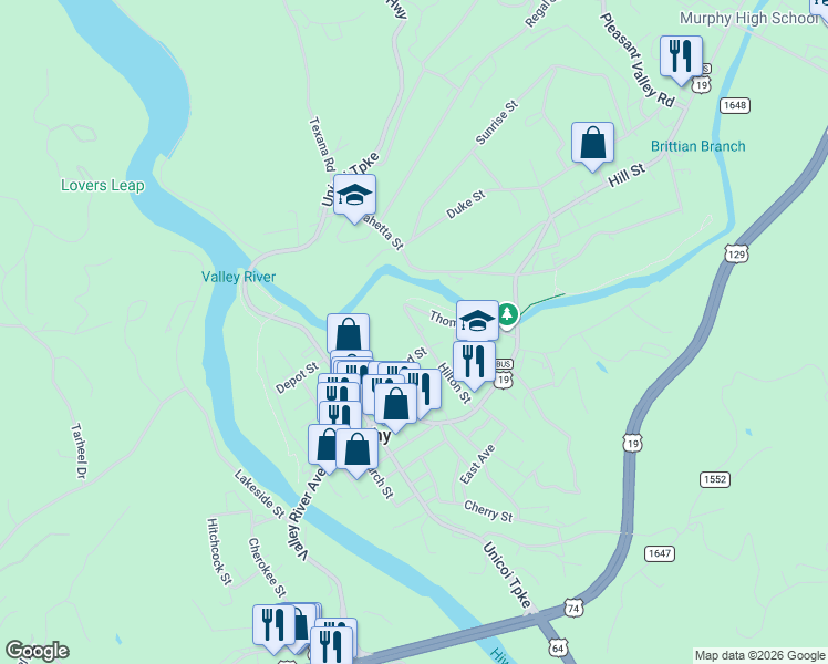 map of restaurants, bars, coffee shops, grocery stores, and more near 221 Hilton Street in Murphy