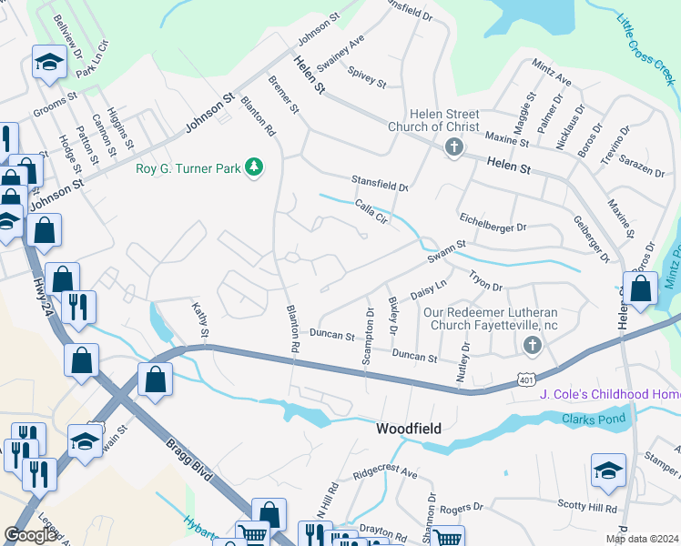 map of restaurants, bars, coffee shops, grocery stores, and more near 1857 Tryon Drive in Fayetteville