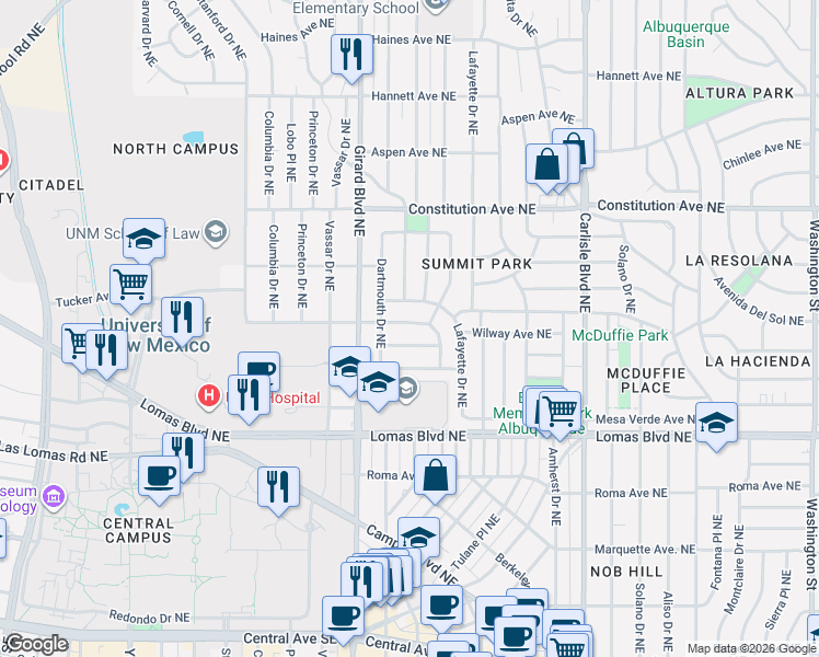 map of restaurants, bars, coffee shops, grocery stores, and more near 3016 Marble Avenue in Albuquerque