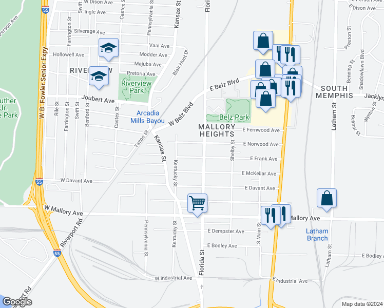 map of restaurants, bars, coffee shops, grocery stores, and more near 32 West Frank Avenue in Memphis