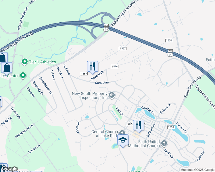 map of restaurants, bars, coffee shops, grocery stores, and more near 3906 Grace Court in Indian Trail