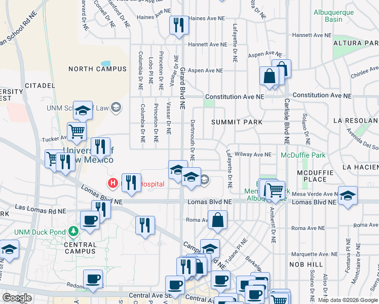 map of restaurants, bars, coffee shops, grocery stores, and more near 927 Dartmouth Drive Northeast in Albuquerque