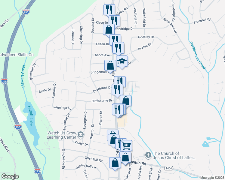 map of restaurants, bars, coffee shops, grocery stores, and more near 7505 Overbrook Drive in Fayetteville