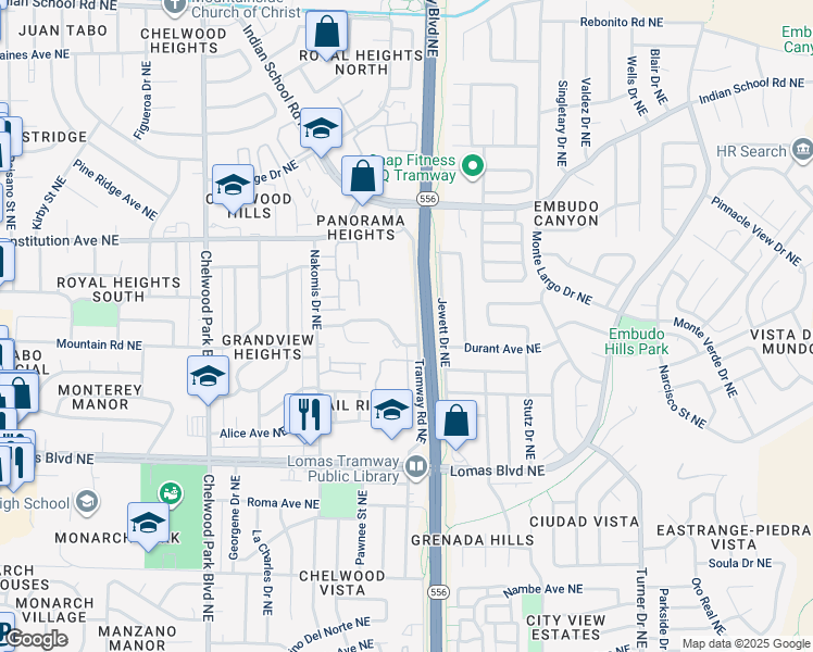map of restaurants, bars, coffee shops, grocery stores, and more near 13309 Mountain Road Northeast in Albuquerque