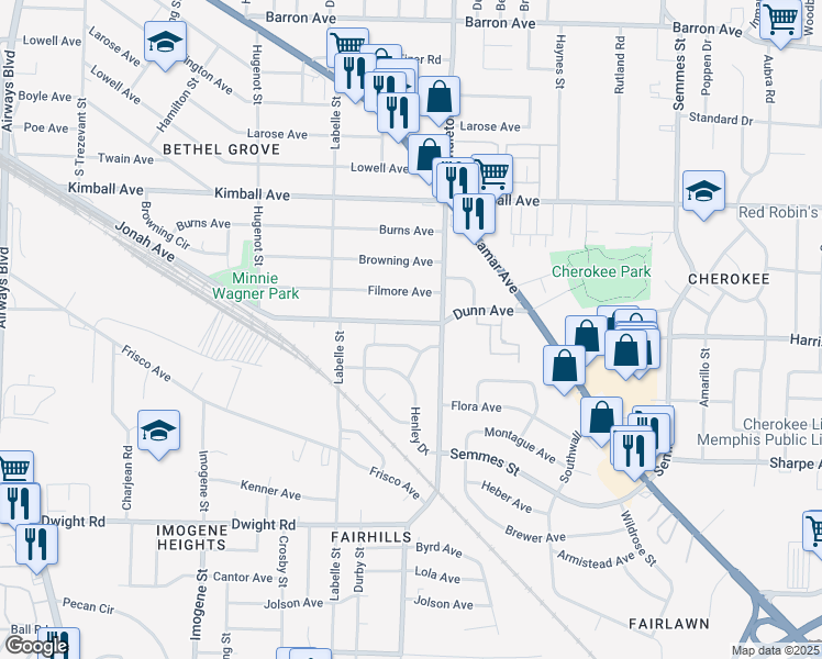 map of restaurants, bars, coffee shops, grocery stores, and more near 2743 Dunn Avenue in Memphis