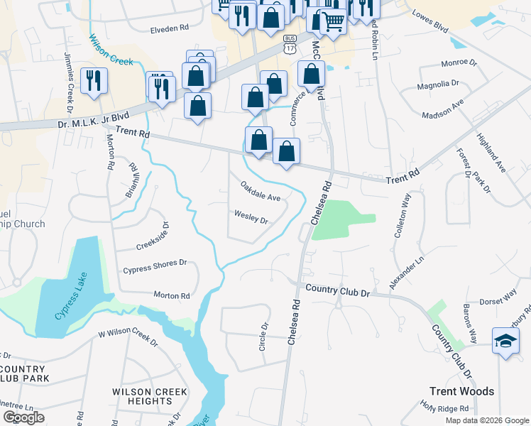 map of restaurants, bars, coffee shops, grocery stores, and more near 104 Wesley Dr in New Bern