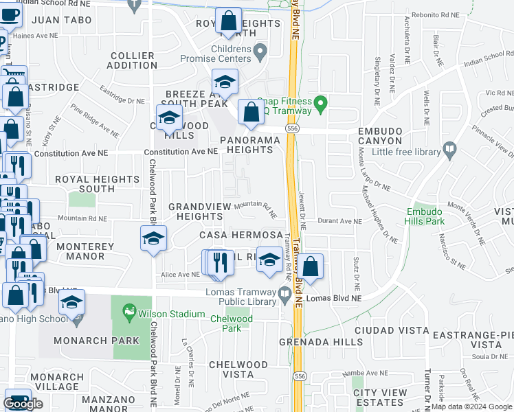 map of restaurants, bars, coffee shops, grocery stores, and more near 13212 Mountain Road Northeast in Albuquerque
