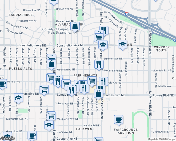 map of restaurants, bars, coffee shops, grocery stores, and more near 1308 Cardenas Drive Northeast in Albuquerque