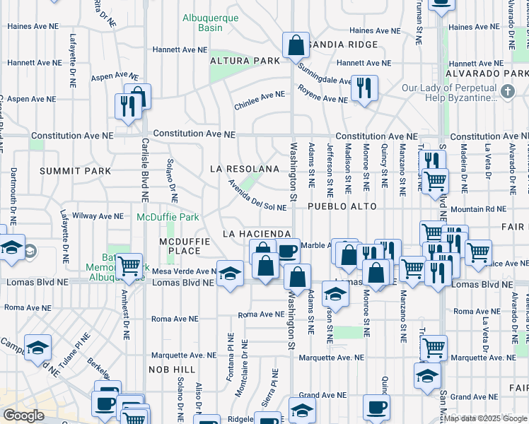 map of restaurants, bars, coffee shops, grocery stores, and more near 819 Calle Del Corte Northeast in Albuquerque