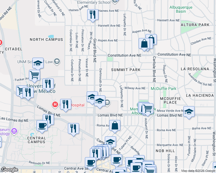 map of restaurants, bars, coffee shops, grocery stores, and more near 3016 Marble Avenue in Albuquerque