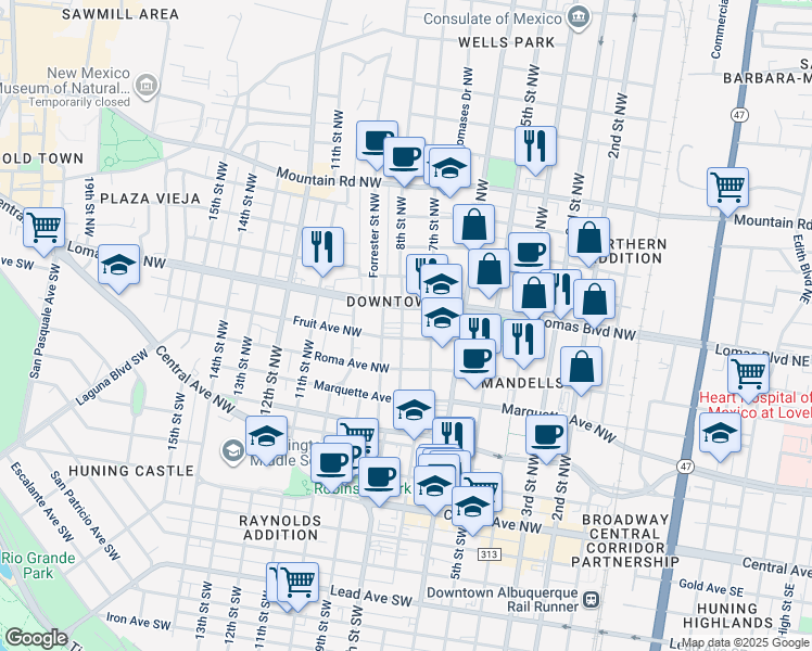 map of restaurants, bars, coffee shops, grocery stores, and more near 700 Lomas Boulevard Northwest in Albuquerque