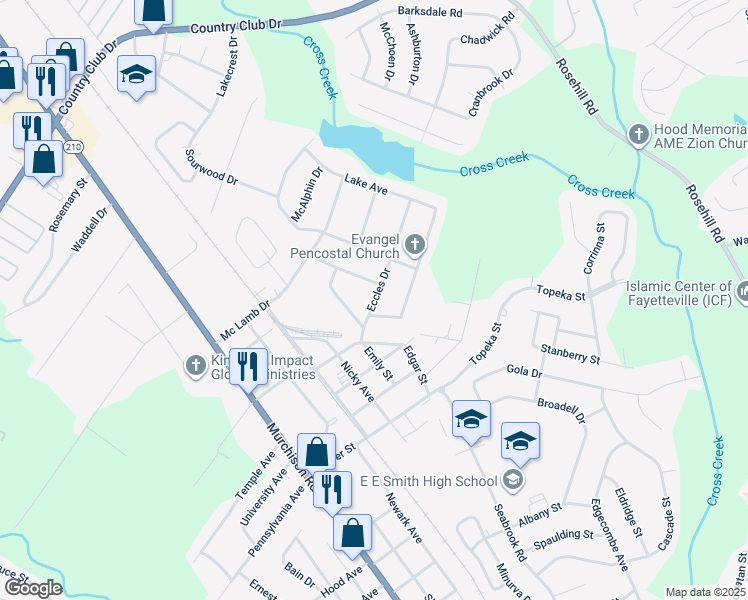 map of restaurants, bars, coffee shops, grocery stores, and more near 825 Eccles Drive in Fayetteville