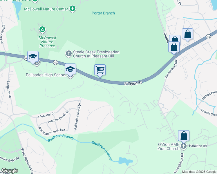 map of restaurants, bars, coffee shops, grocery stores, and more near 14910 Majestic Oak Drive in Charlotte
