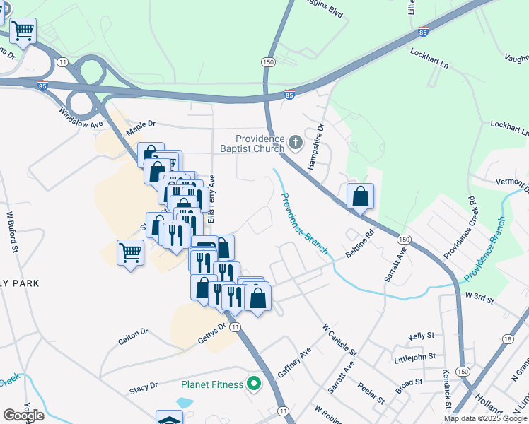 map of restaurants, bars, coffee shops, grocery stores, and more near 9 Commerce Drive in Gaffney