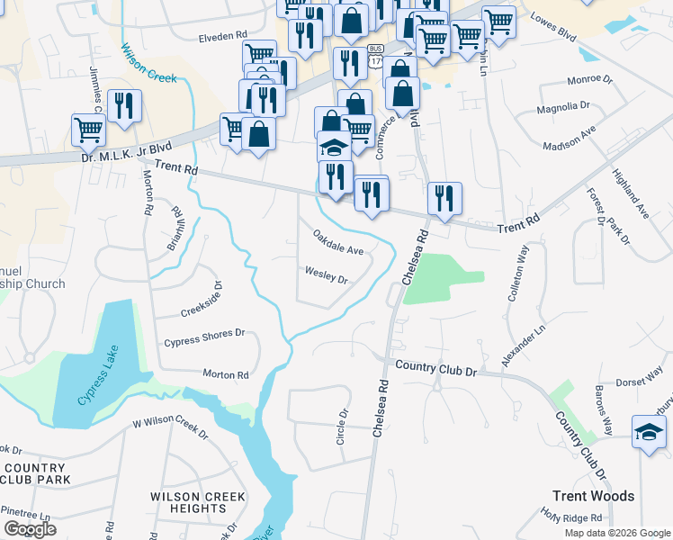 map of restaurants, bars, coffee shops, grocery stores, and more near 104 Wesley Drive in New Bern