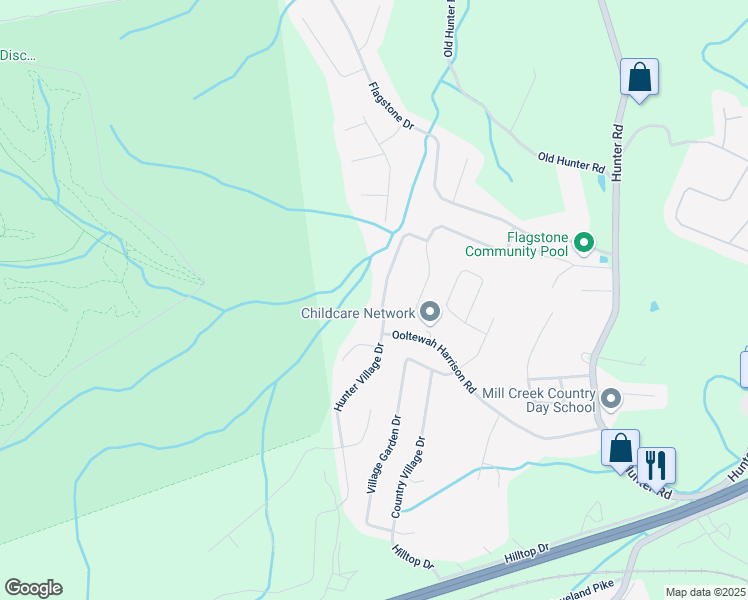 map of restaurants, bars, coffee shops, grocery stores, and more near 5411 Hunter Village Drive in Ooltewah