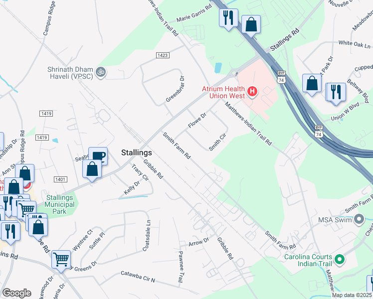map of restaurants, bars, coffee shops, grocery stores, and more near 3125 Smith Farm Road in Stallings