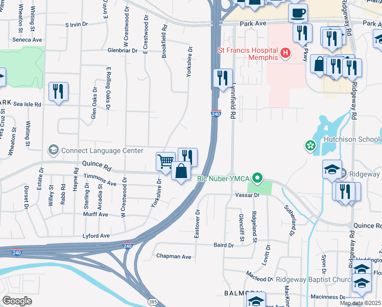map of restaurants, bars, coffee shops, grocery stores, and more near 5721 Glenwild Avenue in Memphis
