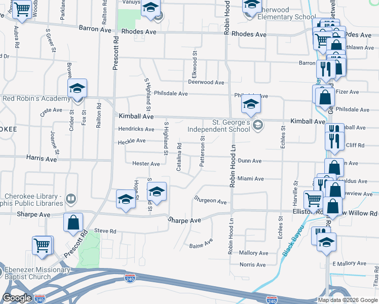 map of restaurants, bars, coffee shops, grocery stores, and more near 3594 Dunn Avenue in Memphis