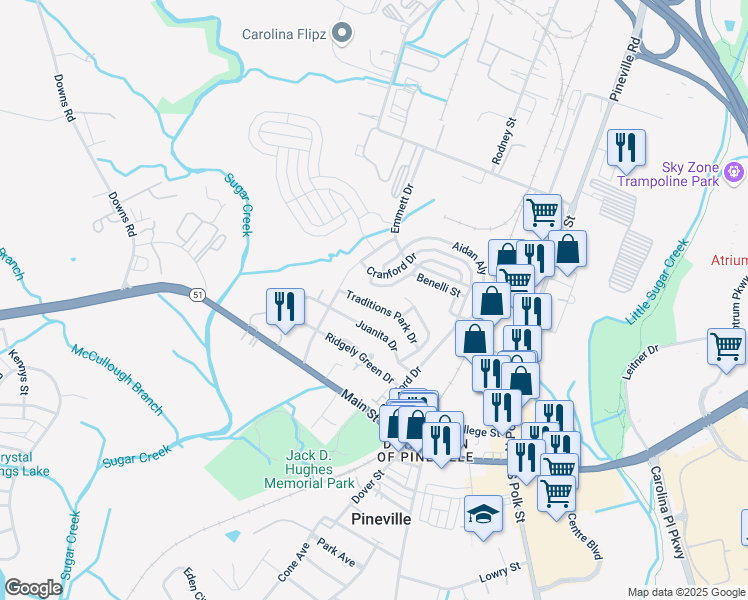 map of restaurants, bars, coffee shops, grocery stores, and more near 903 Traditions Park Drive in Pineville