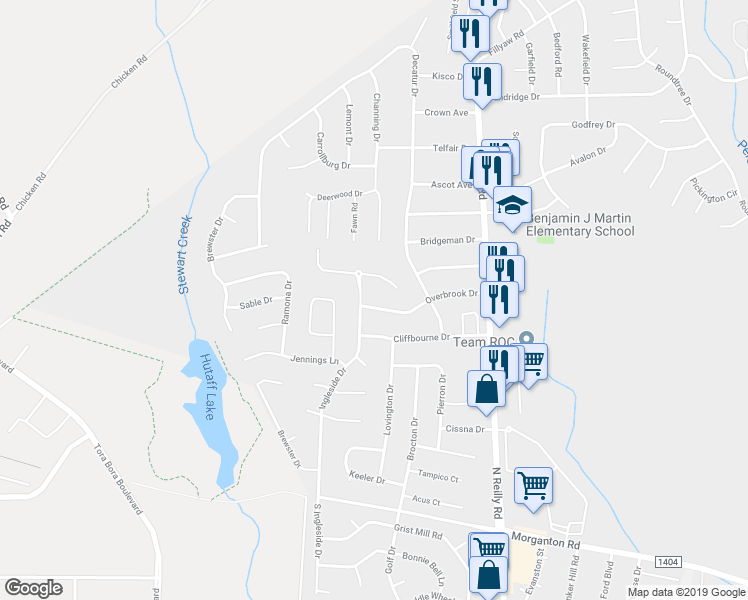 map of restaurants, bars, coffee shops, grocery stores, and more near 7542 Overbrook Drive in Fayetteville
