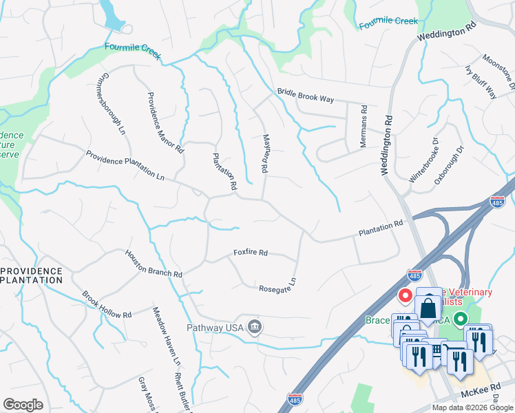 map of restaurants, bars, coffee shops, grocery stores, and more near 3201 Plantation Road in Charlotte