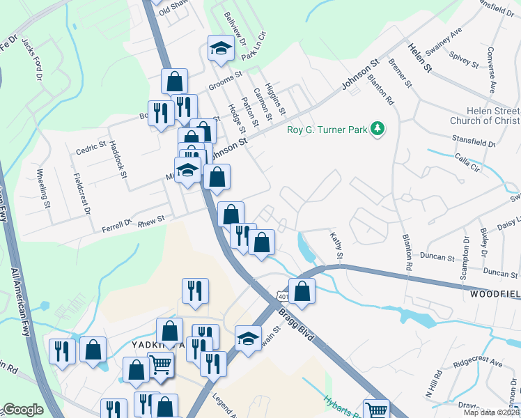 map of restaurants, bars, coffee shops, grocery stores, and more near 1300 North Forest Drive in Fayetteville