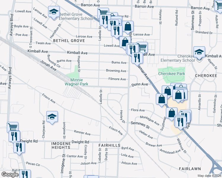 map of restaurants, bars, coffee shops, grocery stores, and more near 2705 Dunn Avenue in Memphis