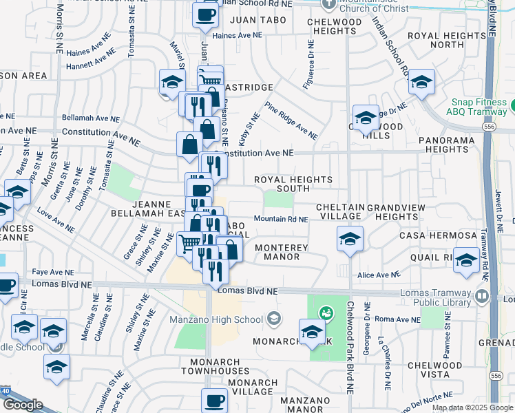 map of restaurants, bars, coffee shops, grocery stores, and more near 12212 Rosemont Avenue Northeast in Albuquerque