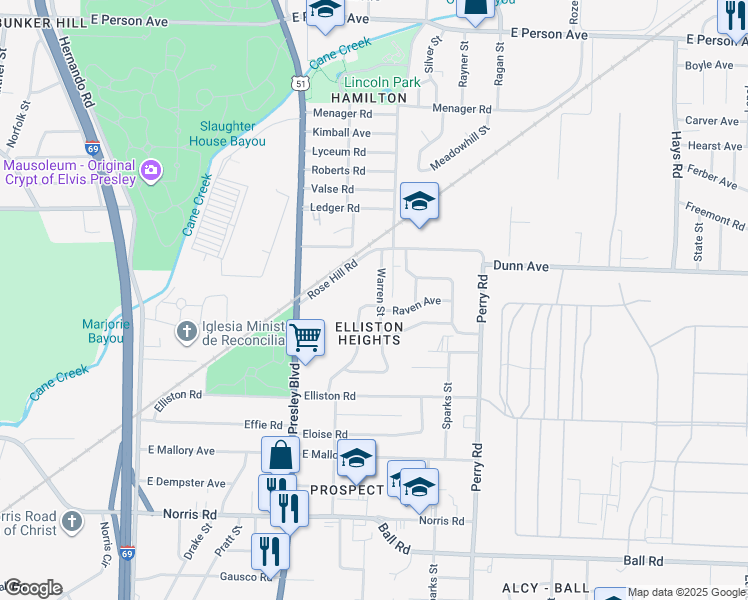 map of restaurants, bars, coffee shops, grocery stores, and more near 1989 Warren Street in Memphis