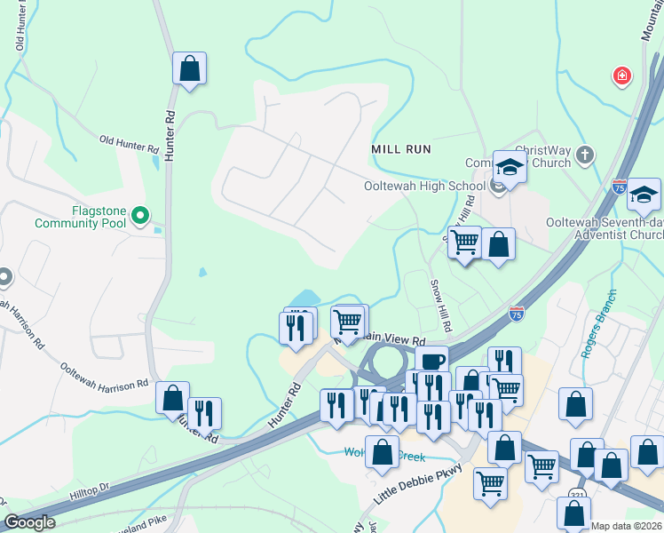 map of restaurants, bars, coffee shops, grocery stores, and more near 8332 Mill Race Drive in Ooltewah