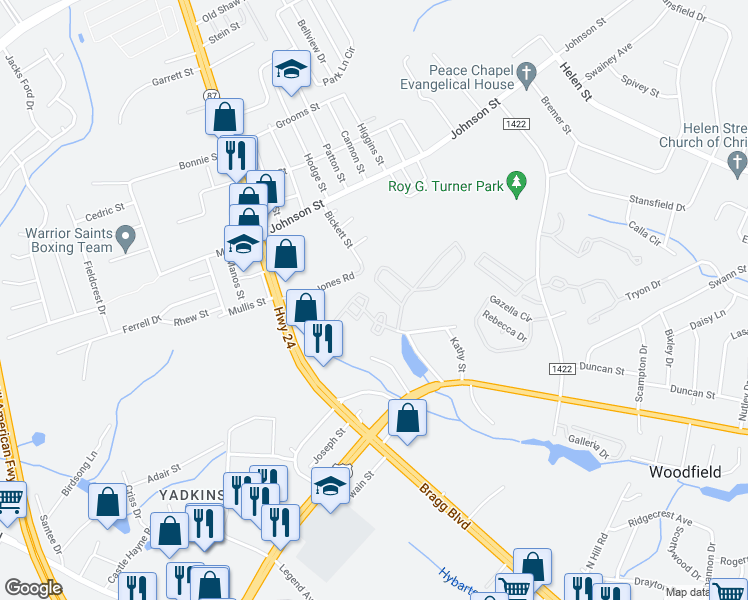 map of restaurants, bars, coffee shops, grocery stores, and more near 1228 North Forest Drive in Fayetteville