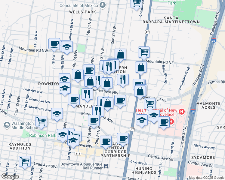 map of restaurants, bars, coffee shops, grocery stores, and more near 817 1st Street Northwest in Albuquerque