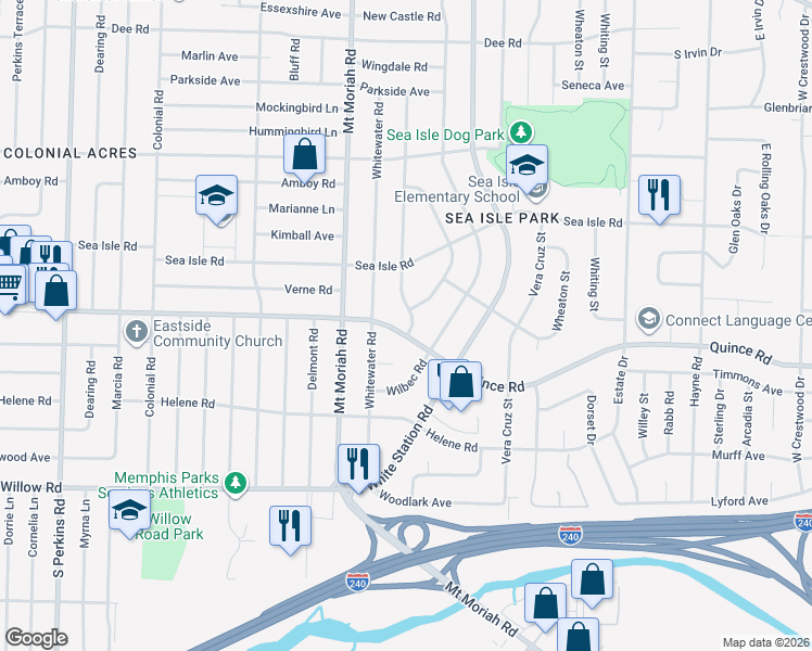 map of restaurants, bars, coffee shops, grocery stores, and more near 5048 Quince Road in Memphis
