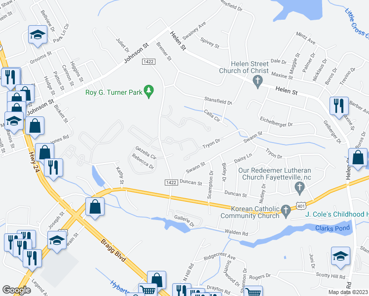 map of restaurants, bars, coffee shops, grocery stores, and more near 1891 Tryon Drive in Fayetteville