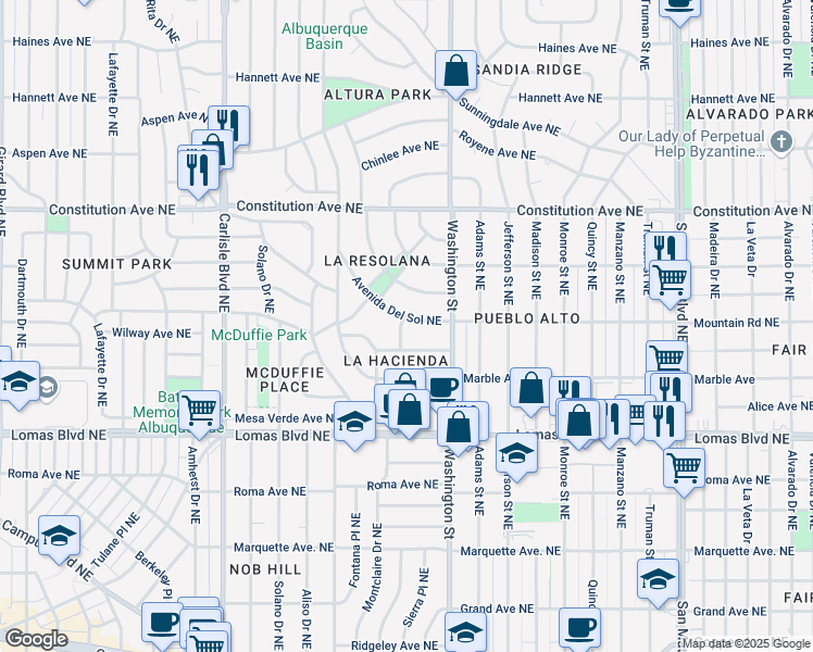 map of restaurants, bars, coffee shops, grocery stores, and more near 819 Calle Del Corte Northeast in Albuquerque