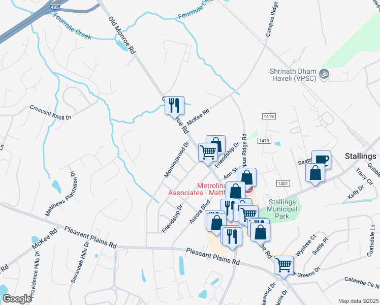 map of restaurants, bars, coffee shops, grocery stores, and more near 13917 Hardwood Place in Matthews
