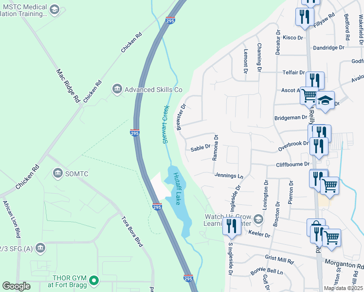 map of restaurants, bars, coffee shops, grocery stores, and more near 233 Brewster Drive in Fayetteville